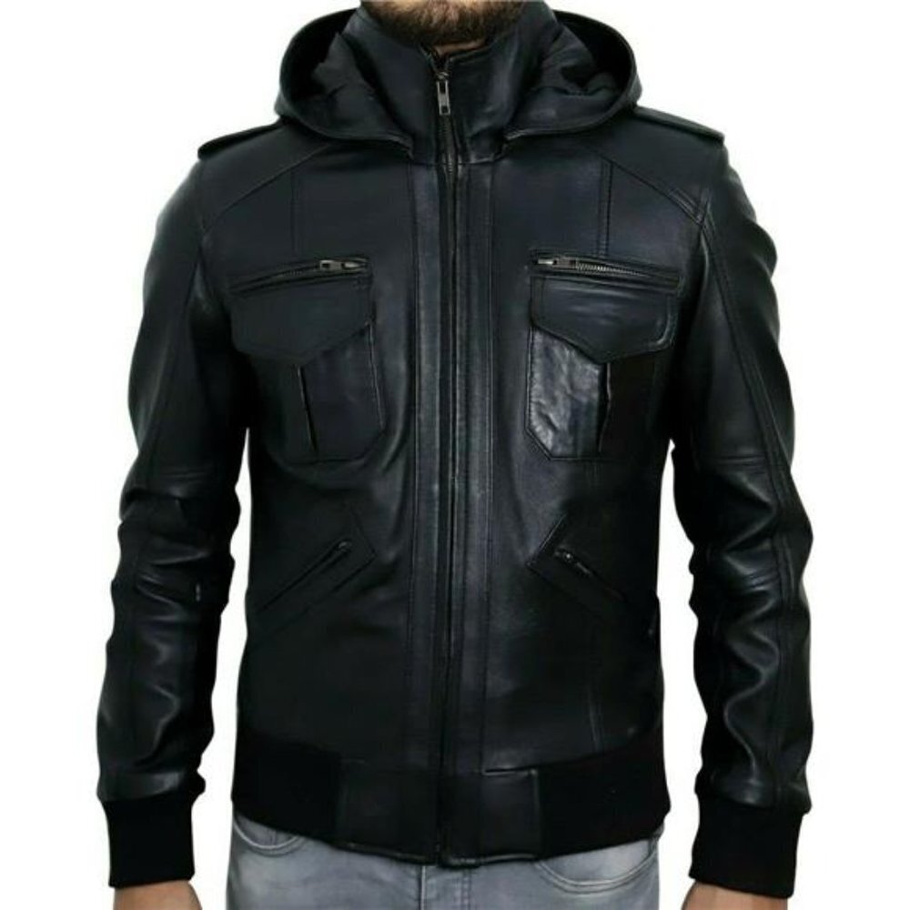 Premium Lambskin Leather Jacket Men Black Hood